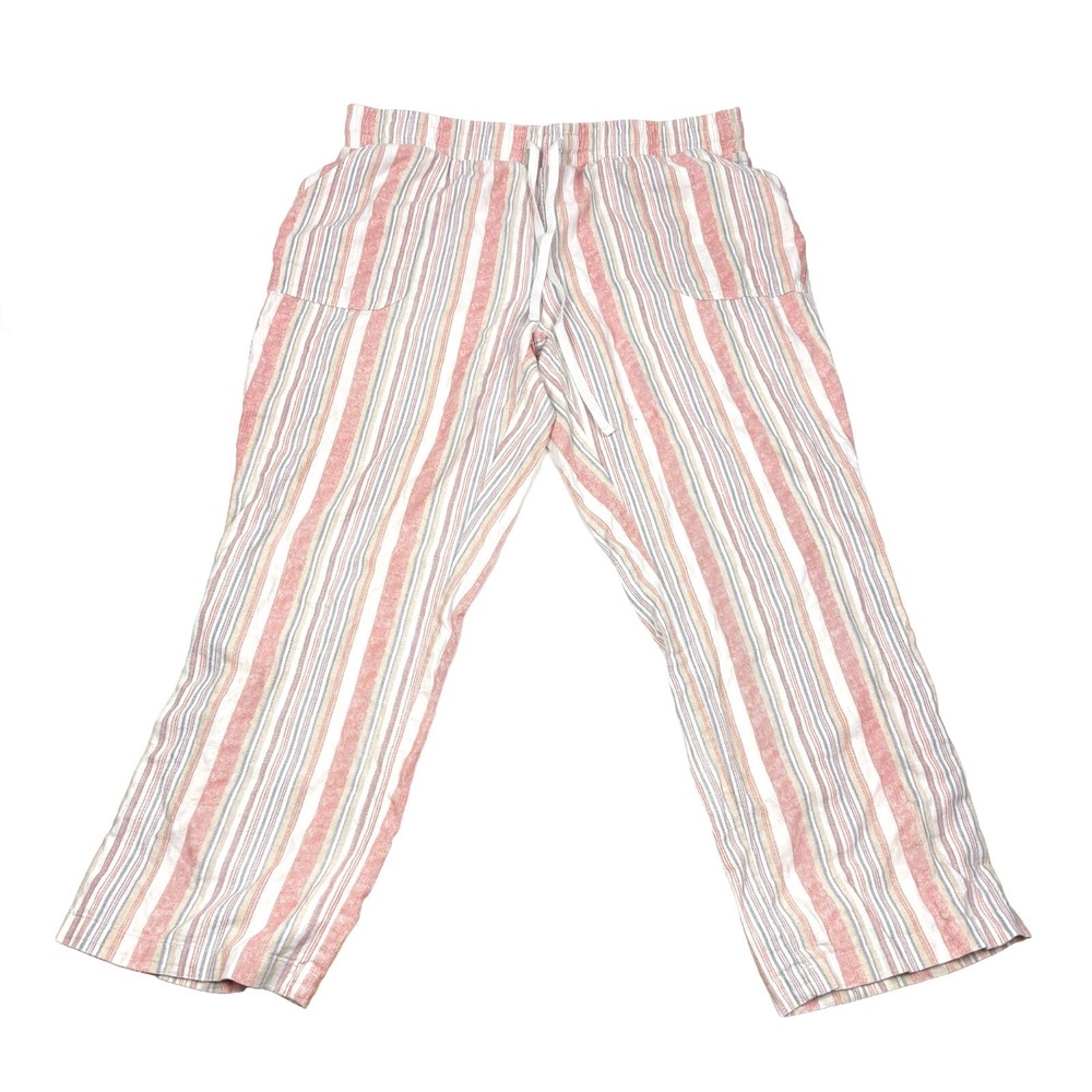 Cato Stripe Linen Blend Wide Leg Pants Womens Sz LP White Pink Pull On Drawstrng - Picture 2 of 15